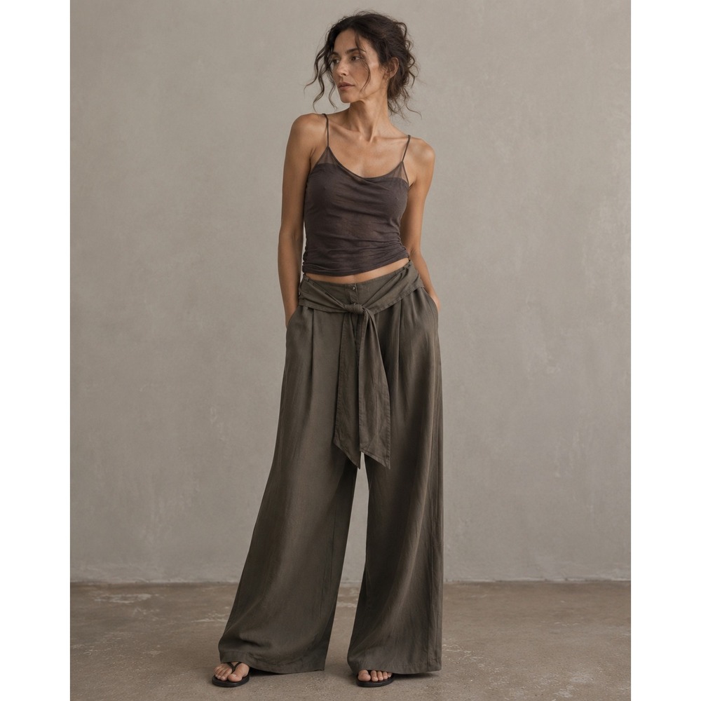 Lurdes Bergada Women Small Wide Leg Linen Blend Tie Waist Pants Barcelona Khaki